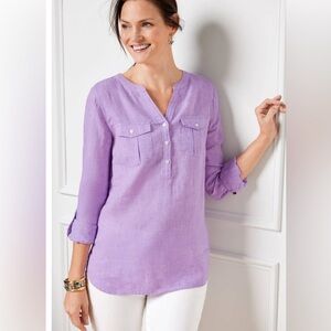 Talbots Larger P Linen Band Collar Roll-Tab Sleeve Popover in Cross Dye Purple